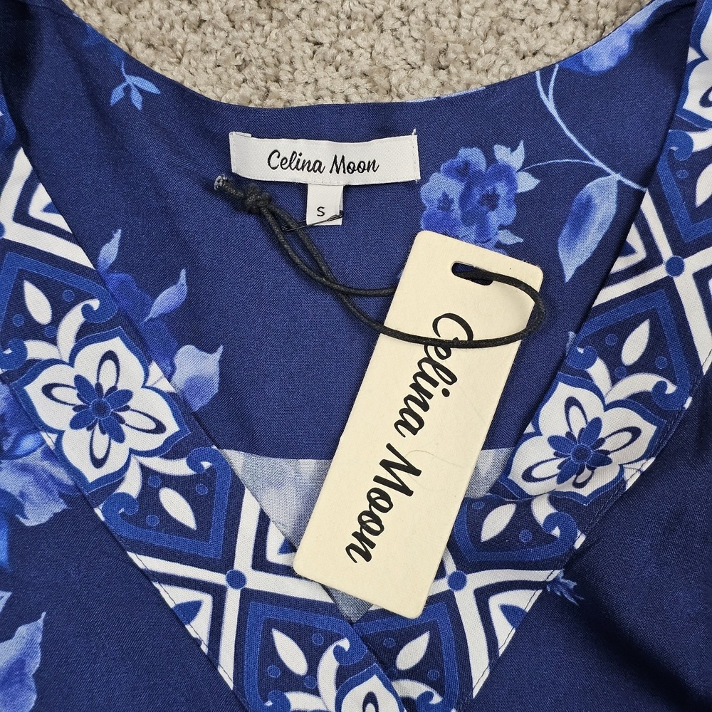 Celina Moon Floral Maxi Dress Long Sleeve Boho Size Small Blue Printed NWT - Picture 10 of 12